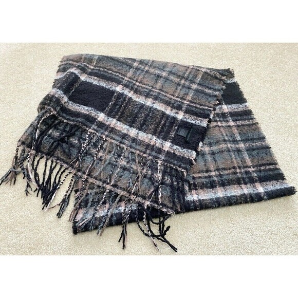 Steve Madden Black Gray Fringed Scarf Pink Plaid Striped Women Wrap Blanket L - Picture 1 of 8